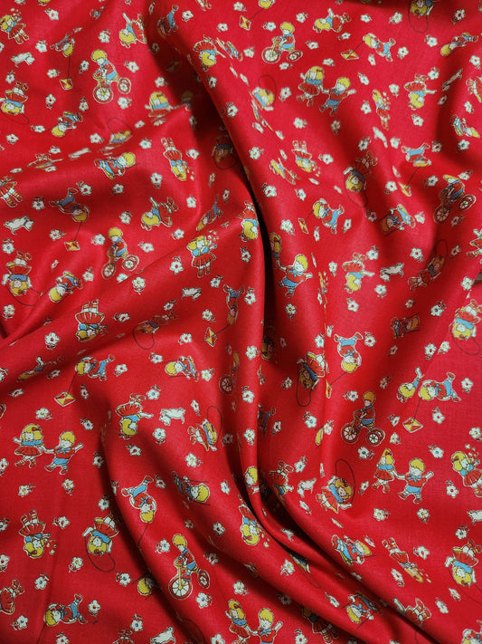 Children Playing on Red- Japanese Cotton Printed Shirting