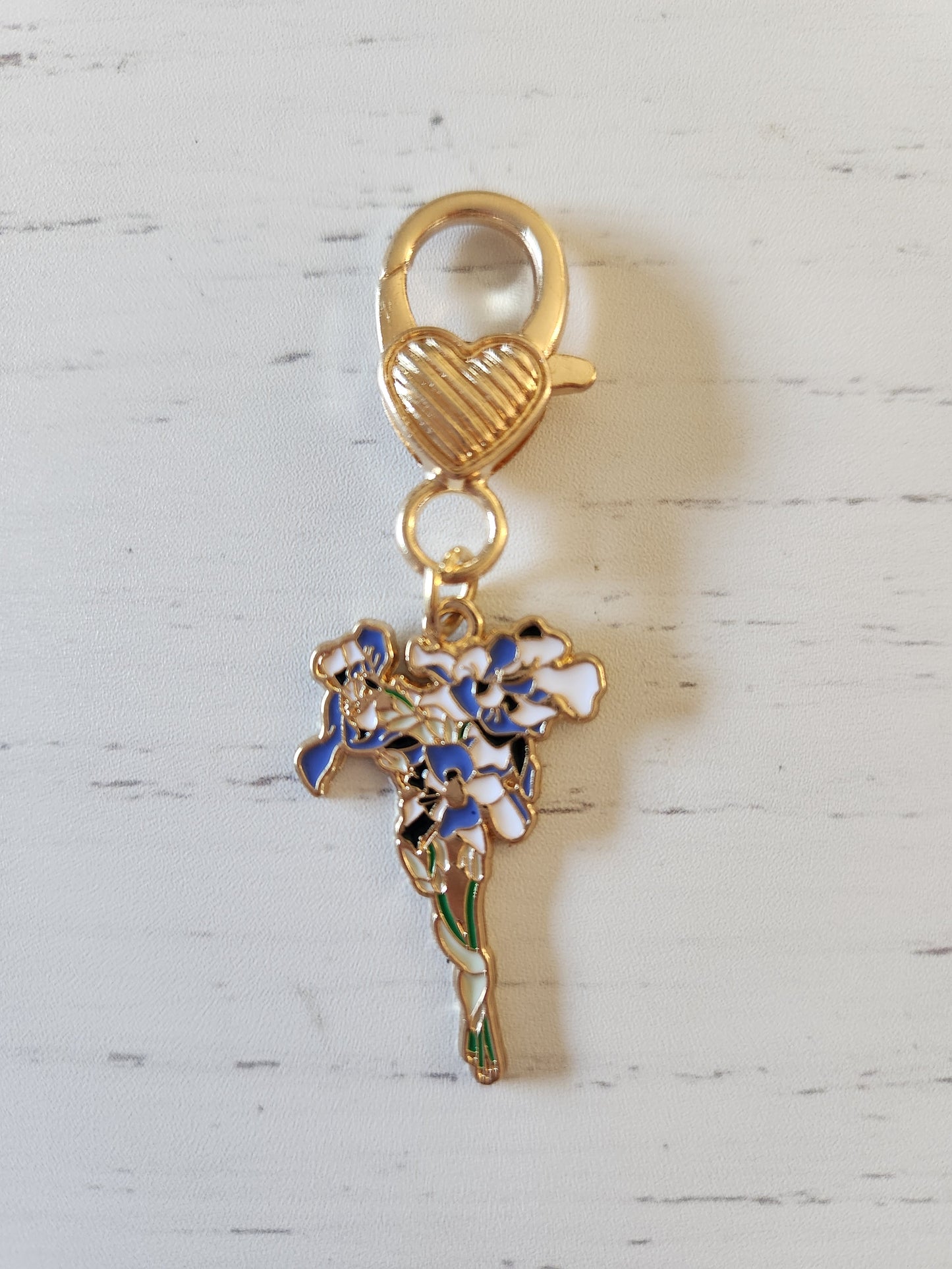 Iris / Blue and White  Flower- Zipper Charm