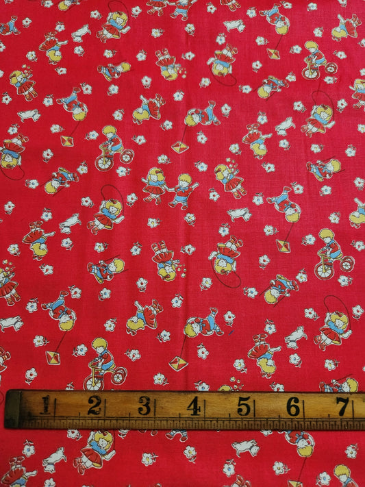 Children Playing on Red- Japanese Cotton Printed Shirting