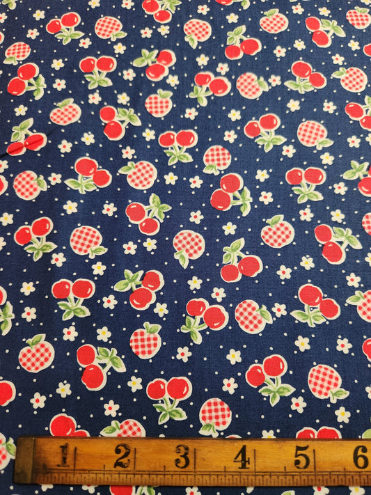 Cherries and Apples on Blue- Japanese Cotton Printed Shirting