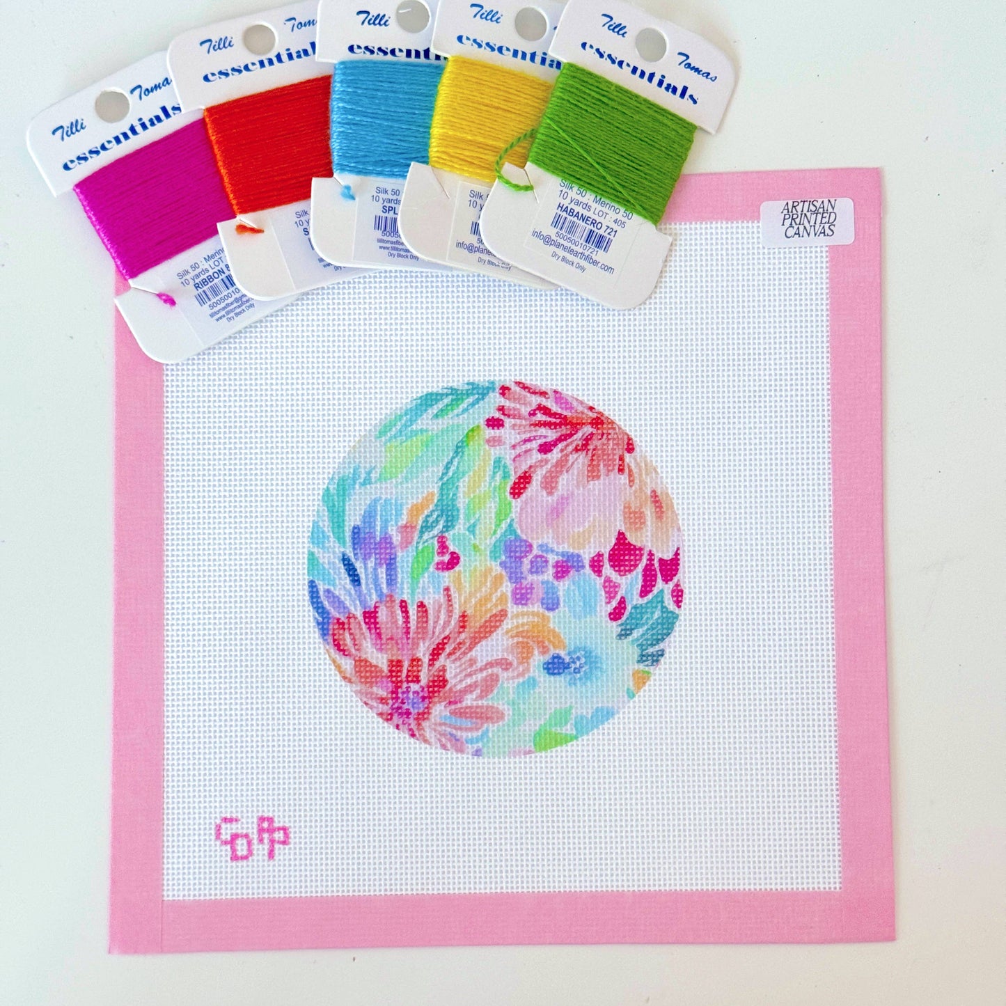 Floral Round Ornament  - Needlepoint Canvas - Artisan Printed - 18 Mesh
