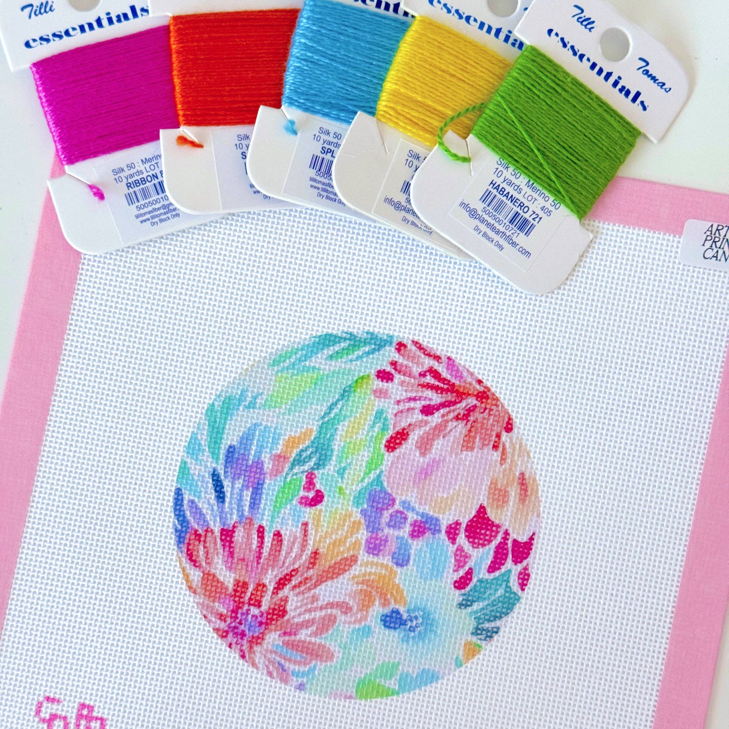 Floral Round Ornament  - Needlepoint Canvas - Artisan Printed - 18 Mesh