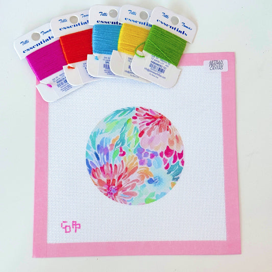 Floral Round Ornament  - Needlepoint Canvas - Artisan Printed - 18 Mesh
