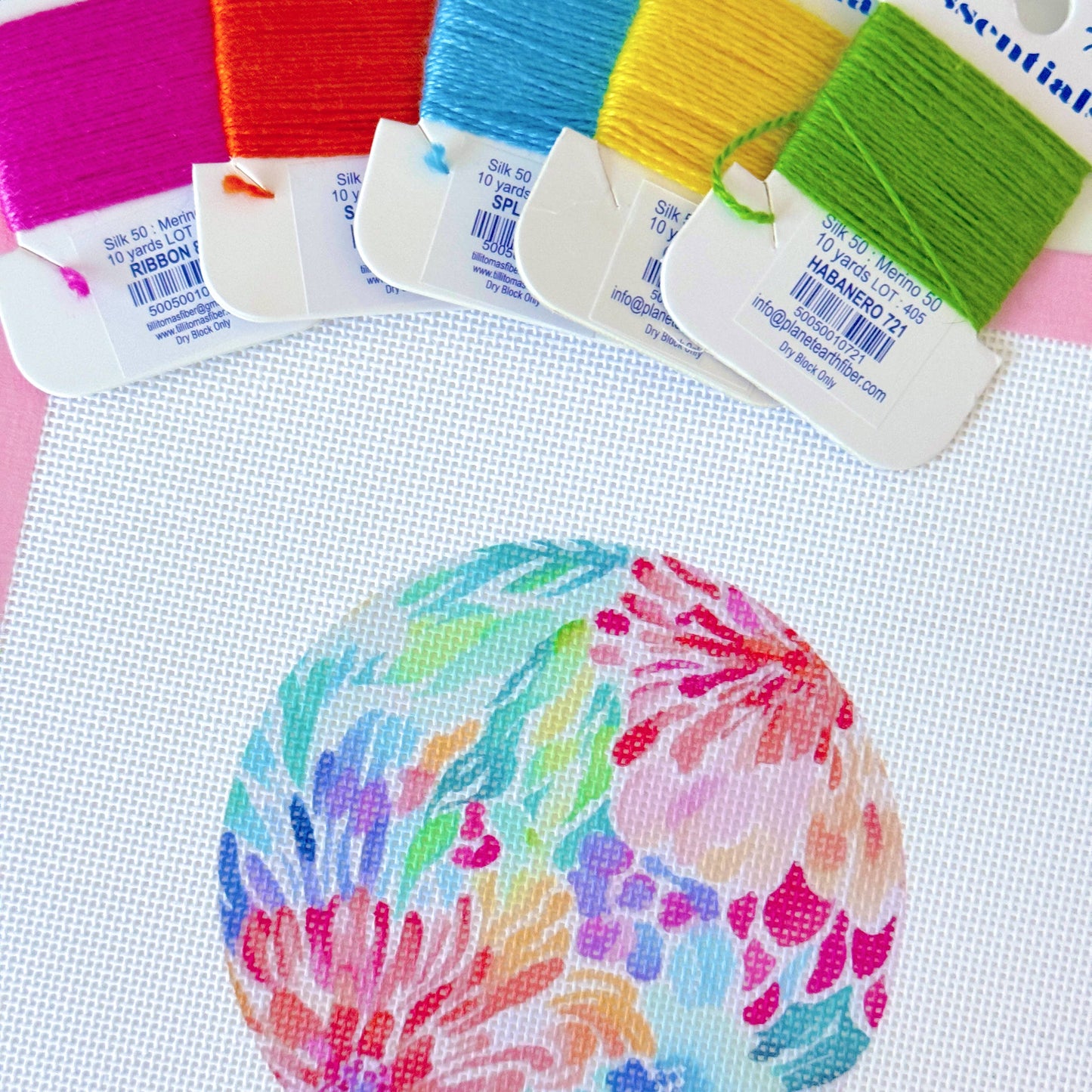 Floral Round Ornament  - Needlepoint Canvas - Artisan Printed - 18 Mesh
