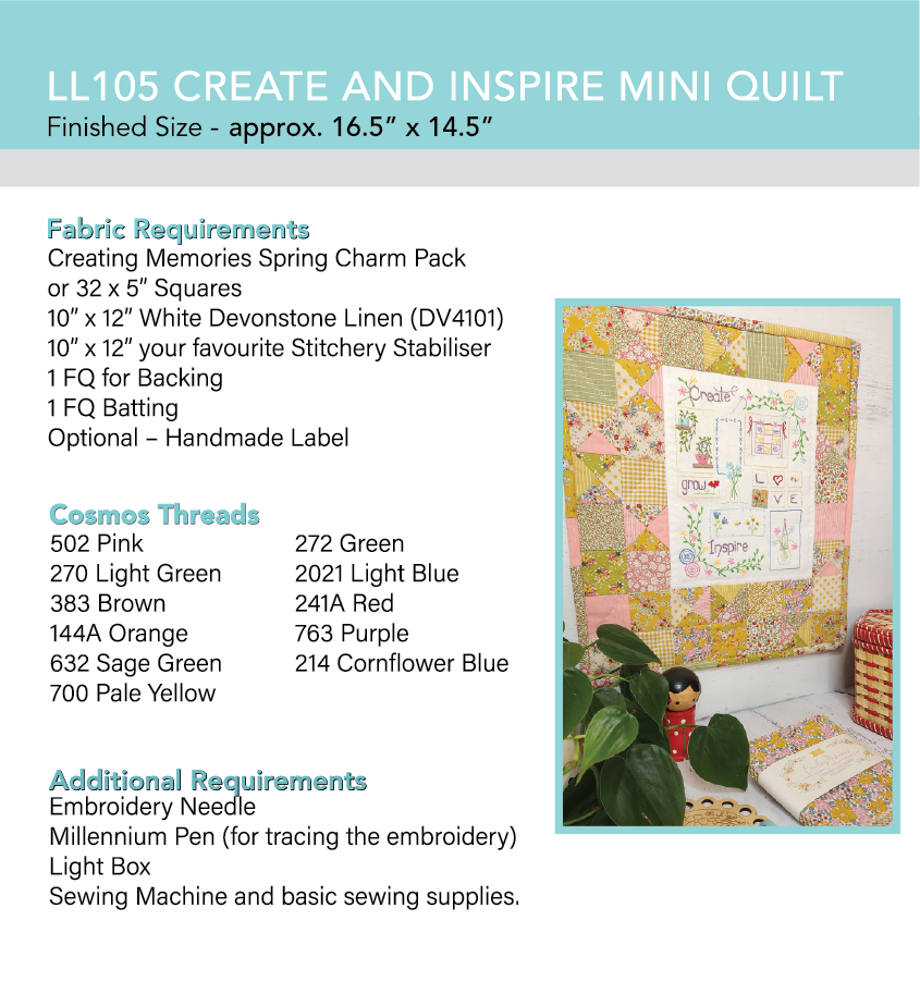 Create and Inspire Mini Quilt KIT with Pre-printed Linen  by Lilabelle Lane Creations