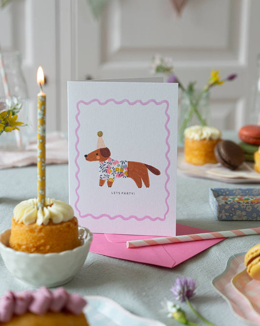 Sausage Dog Card - Made with Liberty Wiltshire Bud Fabric