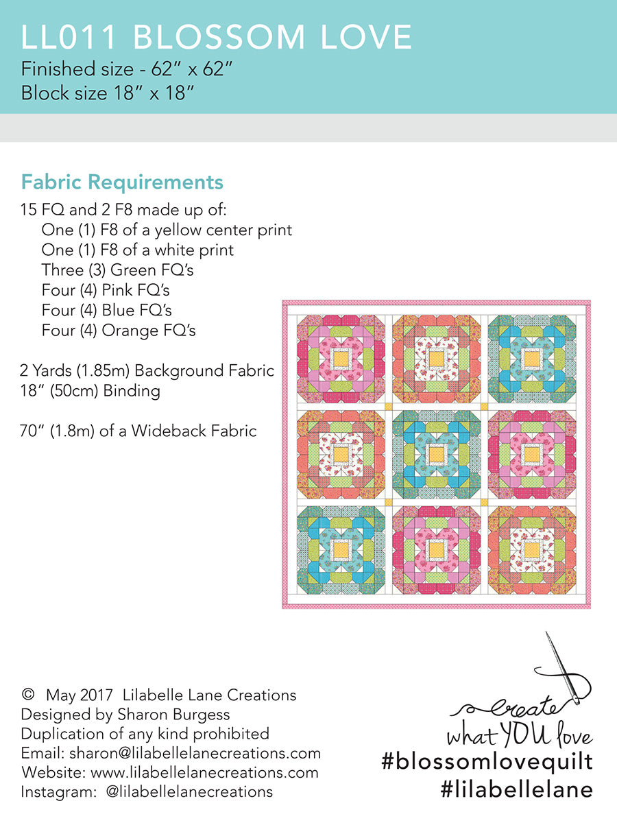 Blossom Love - PDF Pattern - NEW Machine Pieced Quilt pattern from Lilabelle Lane Creations - Nice Big 18" blocks